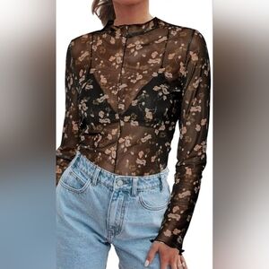 Floral Sheer Black Top XS